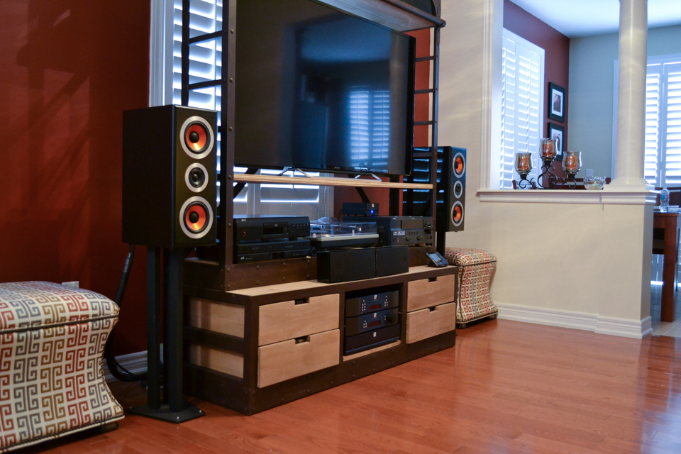 High-end listening room with Audioception speakers and custom audio rack